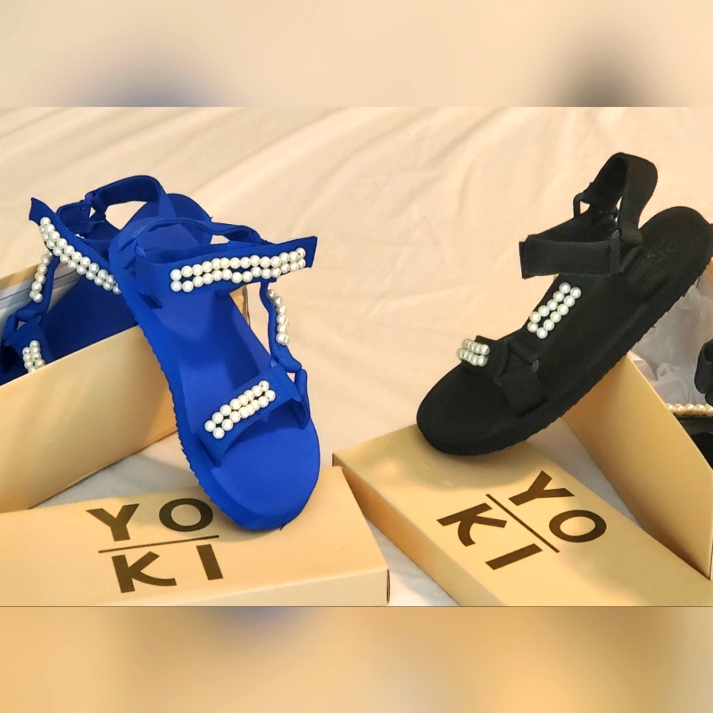 2 Pairs Of Yoki Women's Sandals with Pearl Accents - Blue and Black